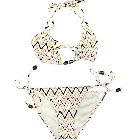 Eberjey Pastel Pink, Brown & Orange Chevron Zig-Zag Striped Beaded String Bikini - Picture 1 of 10